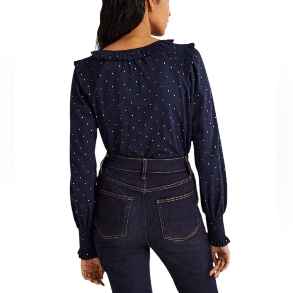 Boden Notch Neck Smocked Frill Top Cotton Blouse in Navy Gold Dot Size 6 T1034 - Picture 9 of 11